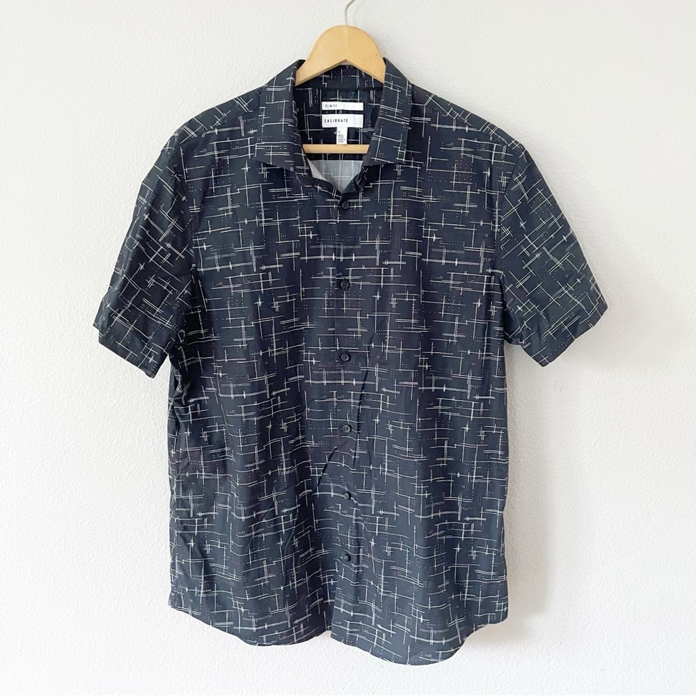 Calibrate Slim Fit Black/White Short Sleeve Button Down Cotton Shirt Size XL